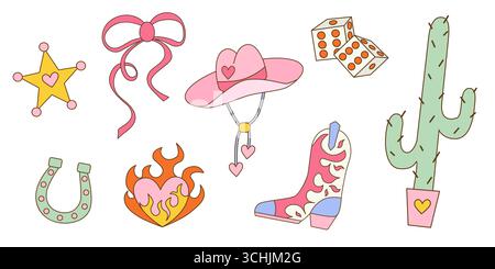 Set mit Cowgirl-Design-Elementen. Cowgirl Stiefel, Hut, Hufeisen, Kakteen, Bogen und Würfel. Cowboy-Westernthema, Wilder Westen. Vektorabbildung in abgewickelter Form. Stock Vektor