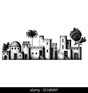 Das Heilige Land: Ein Panoramablick auf die antike biblische Stadt Bethlehem oder Nazareth mit traditioneller Steinarchitektur und Palmen bei Sonnenuntergang Stock Vektor