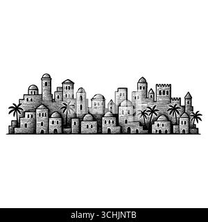 Das Heilige Land: Ein Panoramablick auf die antike biblische Stadt Bethlehem oder Nazareth mit traditioneller Steinarchitektur und Palmen bei Sonnenuntergang Stock Vektor