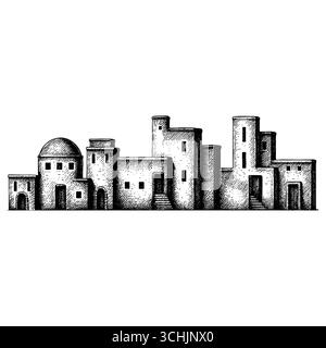 Das Heilige Land: Ein Panoramablick auf die antike biblische Stadt Bethlehem oder Nazareth mit traditioneller Steinarchitektur und Palmen bei Sonnenuntergang Stock Vektor