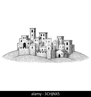 Das Heilige Land: Ein Panoramablick auf die antike biblische Stadt Bethlehem oder Nazareth mit traditioneller Steinarchitektur und Palmen bei Sonnenuntergang Stock Vektor