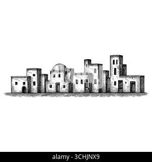 Das Heilige Land: Ein Panoramablick auf die antike biblische Stadt Bethlehem oder Nazareth mit traditioneller Steinarchitektur und Palmen bei Sonnenuntergang Stock Vektor