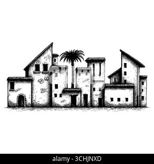 Das Heilige Land: Ein Panoramablick auf den Sonnenuntergang der antiken biblischen Stadt Bethlehem oder Nazareth mit traditioneller Steinarchitektur, Palmen und einem Hi Stock Vektor