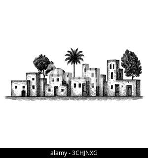 Das Heilige Land: Ein Panoramablick auf den Sonnenuntergang der antiken biblischen Stadt Bethlehem oder Nazareth mit traditioneller Steinarchitektur, Palmen und einem Hi Stock Vektor