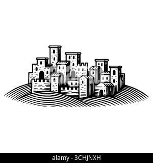 Das Heilige Land: Ein Panoramablick auf den Sonnenuntergang der antiken biblischen Stadt Bethlehem oder Nazareth mit traditioneller Steinarchitektur, Palmen und einem Hi Stock Vektor