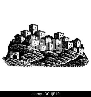 Das Heilige Land: Ein Panoramablick auf den Sonnenuntergang der antiken biblischen Stadt Bethlehem oder Nazareth mit traditioneller Steinarchitektur, Palmen und einem Hi Stock Vektor