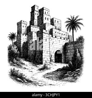 Das Heilige Land: Ein Panoramablick auf den Sonnenuntergang der antiken biblischen Stadt Bethlehem oder Nazareth mit traditioneller Steinarchitektur, Palmen und einem Hi Stock Vektor