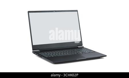 Moderner schwarzer Laptop isoliert auf weißem Hintergrund Stockfoto
