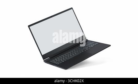 Moderner schwarzer Laptop isoliert auf weißem Hintergrund Stockfoto