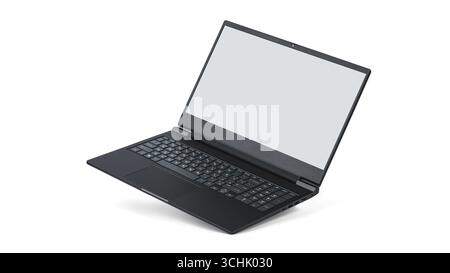 Moderner schwarzer Laptop isoliert auf weißem Hintergrund Stockfoto