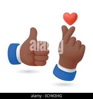Vektor 3D Finger Herz Hand Geste Set. Koreanische Fingerherz-Illustration, die Liebe und Wertschätzung zeigt. Niedliche Handgesten für soziale Medien, K-Pop Stock Vektor