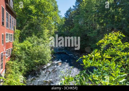 Montague, MA - USA - 23. August 2025 der ruhige Saw Mill River schlängelt sich durch eine bewaldete Landschaft und passiert die Montague Bookmill, ein historisches Mühlengebäude Stockfoto