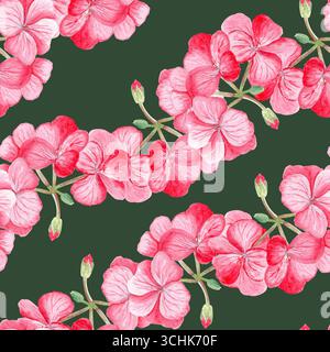 Rosa Geranie Blumen und Knospen Wellen nahtloses Aquarellmuster auf dunkelgrünem Hintergrund. Handgemaltes Blumendesign, perfekt für Stoffdrucke und Geschenke Stockfoto