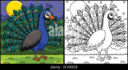 Vogel Pfau Färbung Seite Farbige Illustration Stock Vektor