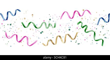 Lebendige Streamer und farbenfrohe Konfetti sorgen für eine lebhafte und fröhliche, festliche Atmosphäre, die perfekt für Feiern ist. Isolierter, handgezeichneter horizontaler nahtloser Rand. Stockfoto