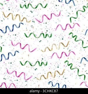 Diese hellen, verspielten und welligen Linien sowie kreative Spritzer sind perfekt für moderne Designarbeiten. Hand gezeichnetes nahtloses Aquarellmuster auf weißem Hintergrund zum Drucken auf Stoff und Papier. Stockfoto