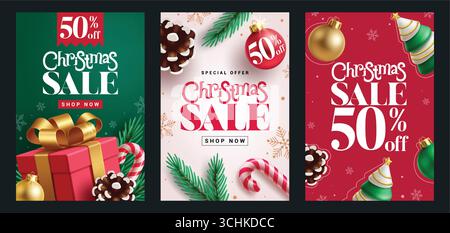Weihnachtsangebot Poster Clipart-Set. Weihnachtsangebot: 50 % Rabatt auf Einkaufsrabatt mit Weihnachtselementen im farbenfrohen Hintergrund für das Sonderangebot im Dezember Stock Vektor