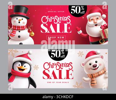 Weihnachtsangebot Banner Clipart-Set. Weihnachtsmann, Schneemann, Eisbär und Pinguin niedliche Charaktere auf rot-weißem Hintergrund mit Weihnachtsverkaufstext Stock Vektor