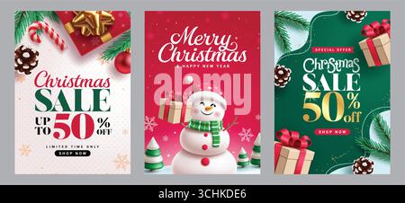 Weihnachtsangebot mit Poster-Clipart-Set. Weihnachtsverkauf und frohe Weihnachtsgrüße Text Clip Art mit Weihnachtsdekorationselementen in farbenfrohem Hintergrund Stock Vektor