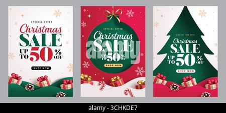 Weihnachtsangebot Poster Clipart-Set. Weihnachtsangebot 50 % Rabatt auf Shopping-Rabatt Clip-Art mit farbenfroher Kugel im Papierschnitt, Kiefernform und Geschenkbox Stock Vektor