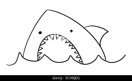 Niedlicher Hai-Line-Doodle-Comic-Charakter. Bleistift handgezeichnet. Hai mit Flossenwellen. Unterwassertier im Ozean. Einfache Silhouette des Maskottchens. Vektorabbildung Stock Vektor