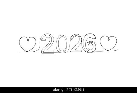 Kontinuierliche Einzeilenzeichnung, Neujahrskunst, Happy New Year Kalligrafie, Stock Vektor