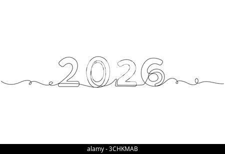 Kontinuierliche Einzeilenzeichnung, Neujahrskunst, Happy New Year Kalligrafie, Stock Vektor