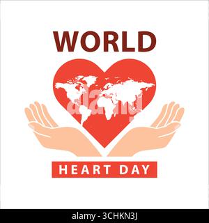 Das Konzept des World Heart Day mit einem roten Herzen und einer Weltkarte, die von Händen gehalten wird, unterstreicht das globale Gesundheitsbewusstsein und die Unterstützung. Stock Vektor
