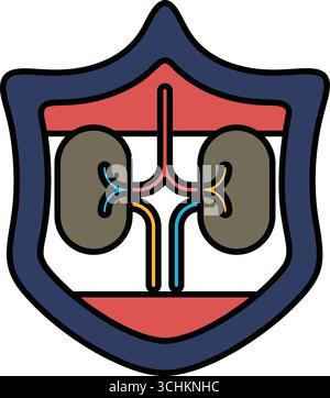Eine schwarz-weiße Zeichnung eines Schildes mit Kreuz und zwei Nieren. Das Schild soll den Schutz darstellen und die Nieren sollen den Schutz darstellen Stock Vektor