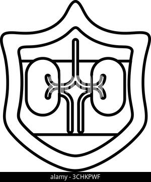 Eine schwarz-weiße Zeichnung eines Schildes mit Kreuz und zwei Nieren. Das Schild soll den Schutz darstellen und die Nieren sollen den Schutz darstellen Stock Vektor