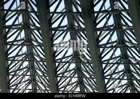 Detail des Dachfensters aus Stahl des Yeomiji Botanical Garden, das verschraubte Fugen und dreieckige Elemente zeigt, die große Glasscheiben stützen, die das überfluten Stockfoto