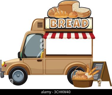 Flache Vektor-Illustration eines Backwaren-Food-Trucks mit Brotanzeige, gestreiftem Markise und Menü. Stock Vektor