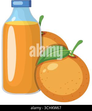 Flacher Vektor der Orangensaftflasche mit Reifen Orangen und grünen Blättern auf weißem Hintergrund. Stock Vektor