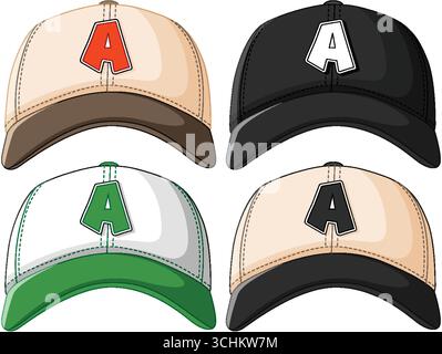 Vektor-Illustration von vier bunten Baseballkappen mit fettgedrucktem Buchstaben A, klaren Linien, lebhaften Farben. Stock Vektor