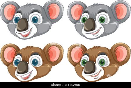 Vektor-Illustration von vier Zeichentrickkoala Gesichtern, abwechslungsreiches Pelz und Augenfarben, weißer Hintergrund Stock Vektor