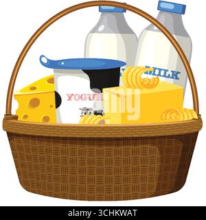 Flache Vektor-Illustration eines Korbs gefüllt mit Käse, Butter, Joghurt und Milchflaschen. Stock Vektor
