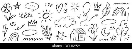 Herz Kreide Bleistift Skizzen Set. Hand gezeichnetes Kind Kritzelpfeil, Wolke, Blume Kinder Pastellelement. Kindliches Kreideherz, Zeichenstift-Textur. Vektorabbildung Stock Vektor