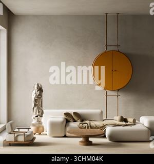 Skandinavisches Wohnzimmer mit neutralen Farben, klaren Linien und gemütlichem Minimalismus mit Akzenten aus Naturholz. 3D-Abbildung Stockfoto