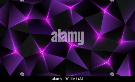 Dunkler, niedriger Polyhintergrund. Abstrakte geometrische Metallkulisse, Dreieck. Strahlendes Licht durch leuchtende Linien. Hintergrund für magentafarbene, violette Dreiecke Stock Vektor