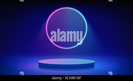 Futuristische blaue Bühne, Podium. Blauer Raum mit rundem Podest, beleuchtet von kreisförmigem blauem Magenta-Neon, LED-Halo. Hintergrund für das Produkt Stock Vektor