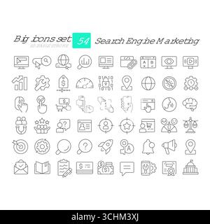 Symbolsatz für Marketinglinien für Suchmaschinen Stock Vektor