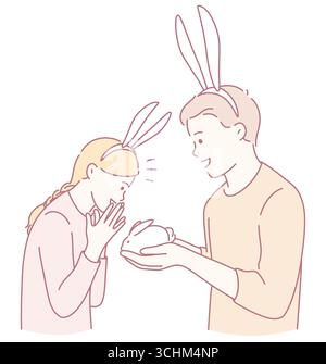 Ein Paar trägt freudig Hasenohren und teilt einen wunderbaren Moment mit einem entzückenden kleinen Kaninchen Stock Vektor
