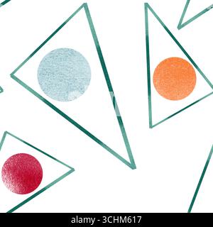 Abstraktes Aquarellmuster mit grün umrissenen Dreiecken und bunten Kreisen in Rot, Blau und Orange. Modernes geometrisches Design, perfekt für Textilien, Stockfoto