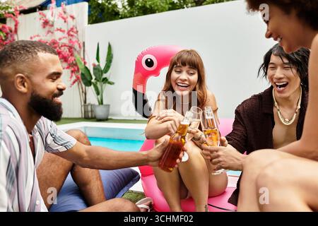 Bei Drinks und Lachen feiern eine bunte Gruppe von Freunden gemeinsam bei einer lebhaften Poolparty. Stockfoto