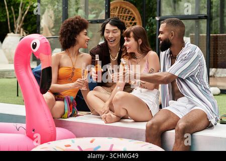 Verschiedene junge Freunde treffen sich am Pool, lachen und trinken, während sie die Sonne genießen. Stockfoto
