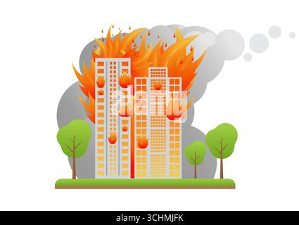 Feuer bauen. Brennendes Gebäude. Wolkenkratzer in Brand von Krieg, Erdbeben, Bombenexplosion. Vektorabbildung. Stock Vektor
