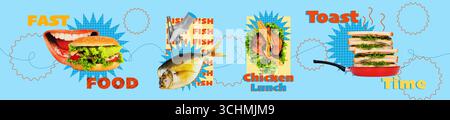 Sammlung Sketch Art Poster 3D Banner Collage menschlicher Hände zeigen Bratpfanne gebratene Hähnchenschenkel Pommes Frites Burger Sandwich Zeit Stockfoto