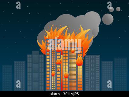 Feuer bauen. Brennendes Gebäude. Wolkenkratzer in Brand von Krieg, Erdbeben, Bombenexplosion. Vektorabbildung. Stock Vektor