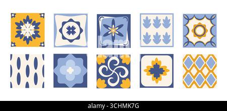 Ein Set aus blauen und gelben mediterranen Keramikfliesen. Stock Vektor