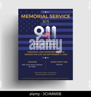 911 Patriot Day Memorial Gedenken Service Einladung Vorlage Design - für 9 11 Erinnerung und Ehre Ereignis - Typografie Twin Towers Illustration, t Stock Vektor